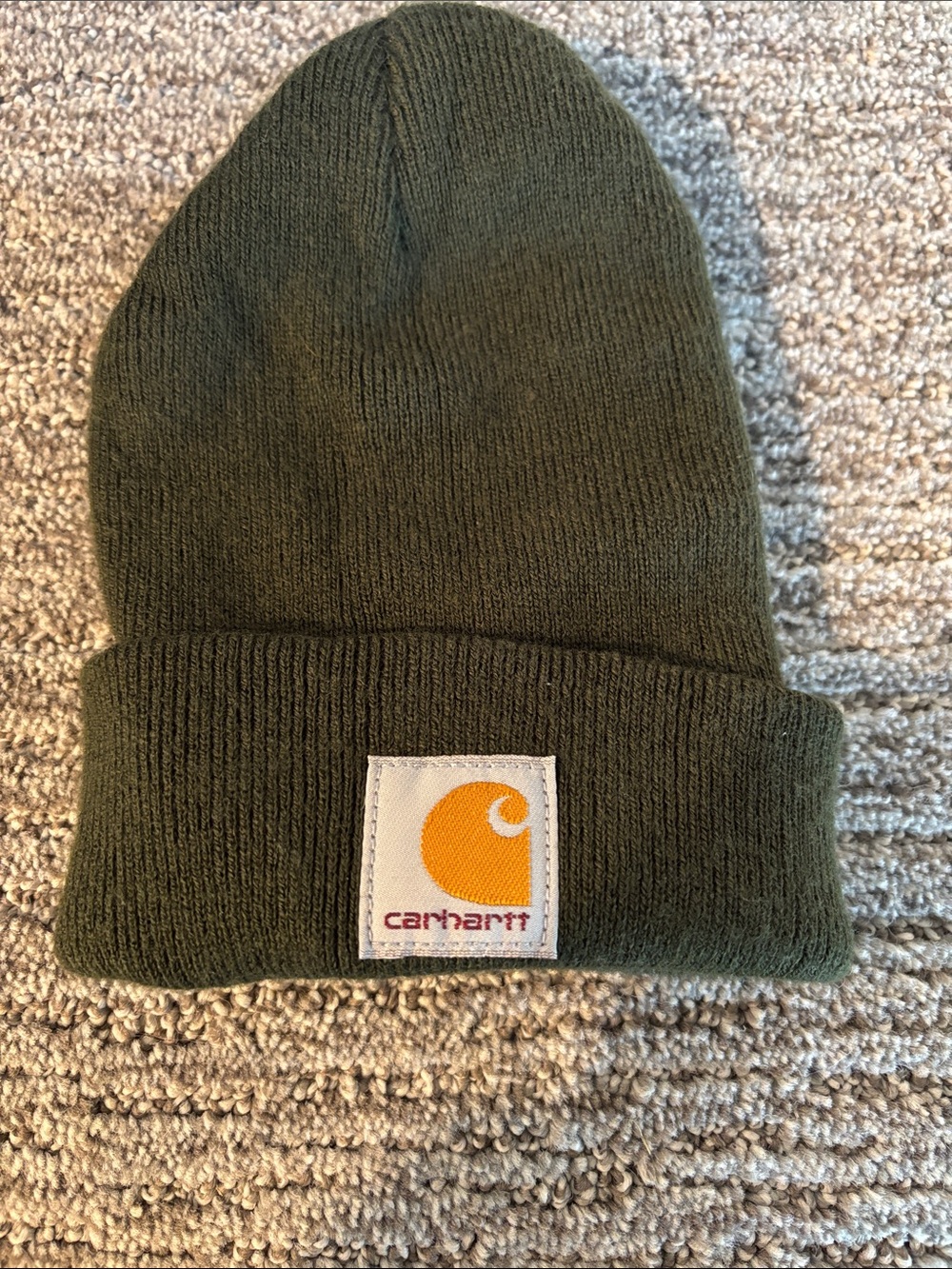 Carhartt Olive Ribbed Cuffed Beanie with Logo Patch
